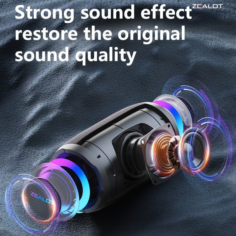 ZEALOT S61 20W Wireless Speakers support wired microphone and dual pairing. Features include 3600mAh battery for 20 hours of playtime, loud stereo, and booming bass. Compatible with mobile