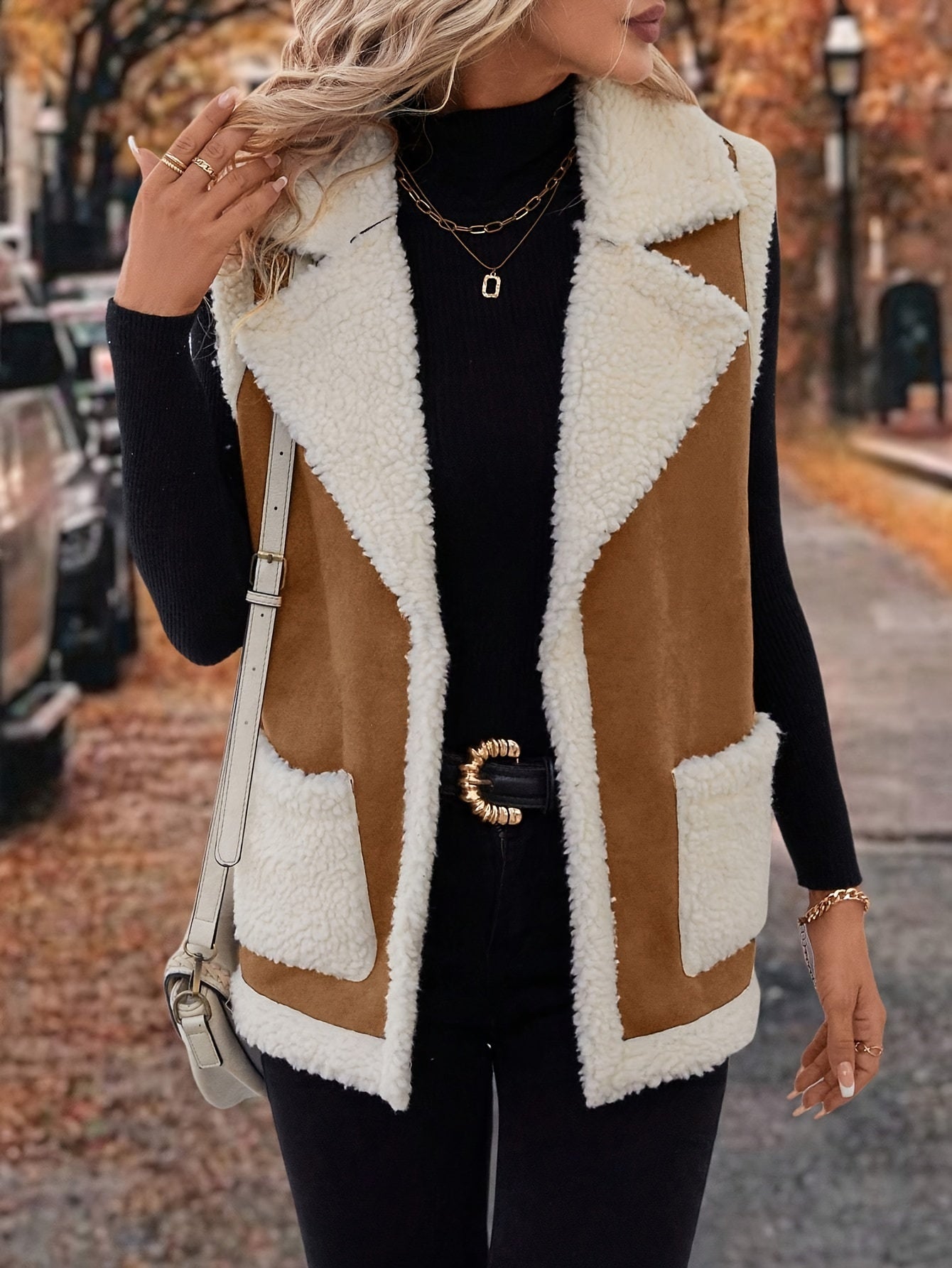 Chic solid color polyester sherpa vest with pockets and lapel collar for all-season warmth.