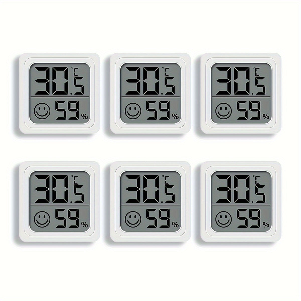 Set of 6 Mini Digital Hygrometer Thermometer Combos with LCD Display, Comfort Indicator, Battery Powered, Wall Mount or Stand Option - Plastic, for Adults.