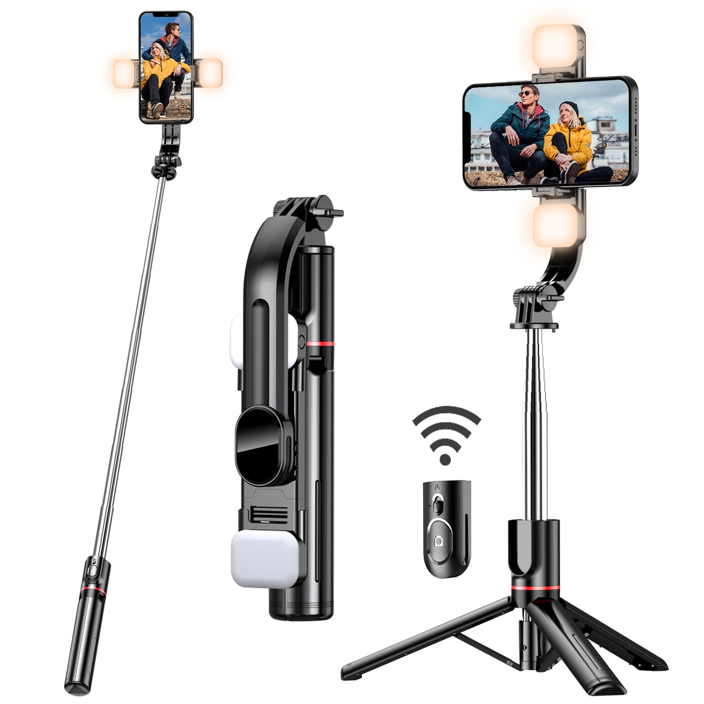 45 inch selfie stick with 2 fill lights, upgraded tripod, detachable remote, and compatibility with iPhone and Android smartphones.