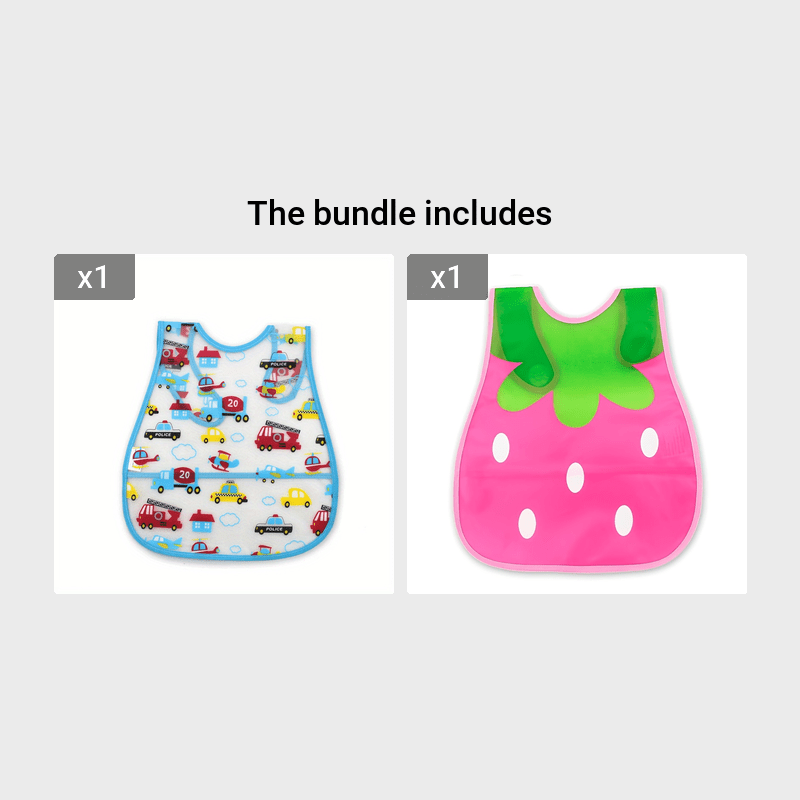 Waterproof bib for boys and girls with snap closure, dirt-resistant pockets, cute strawberry and car prints, made of comfortable EVA material. Suitable for universal feeding, featuring