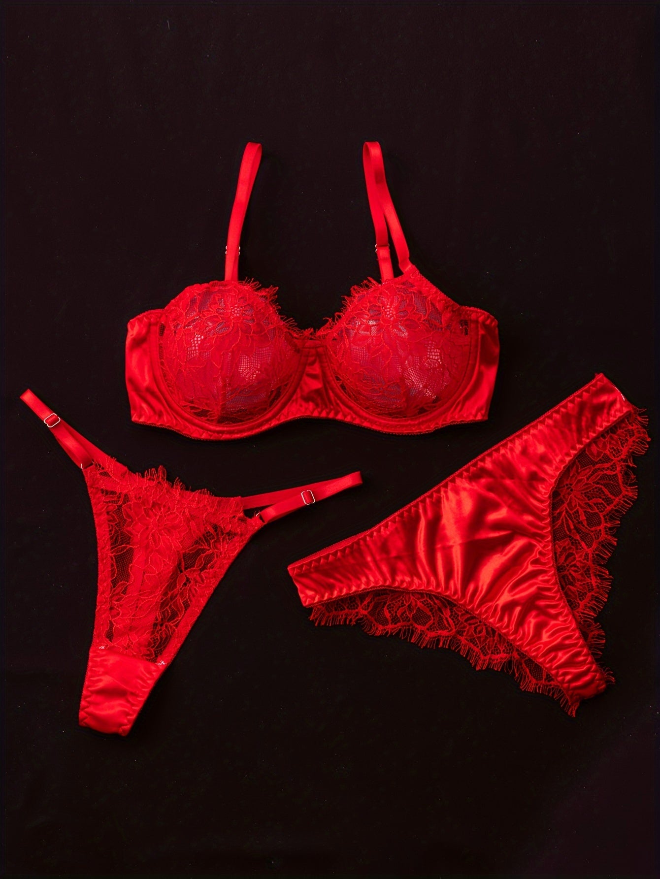 Sexy floral lace lingerie set with unlined cut out bra and two thongs for women.