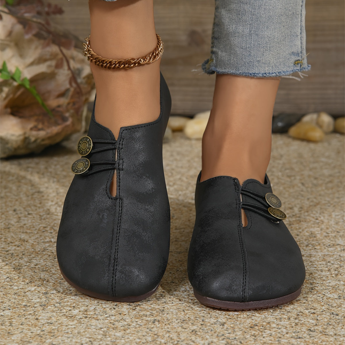 Women's casual single shoes with round toe and soft sole, featuring buckle decoration and solid color design.