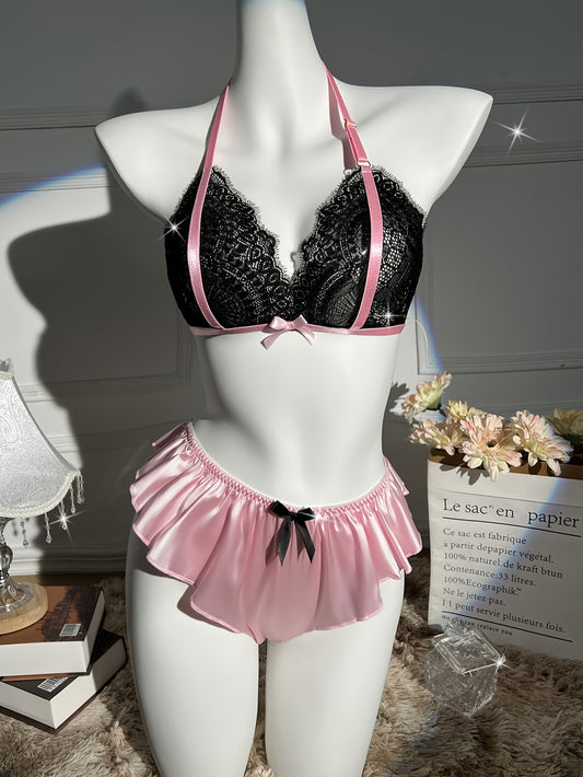 Seductive lace lingerie set with halter bra and high-waisted briefs, perfect for women seeking erotic appeal.