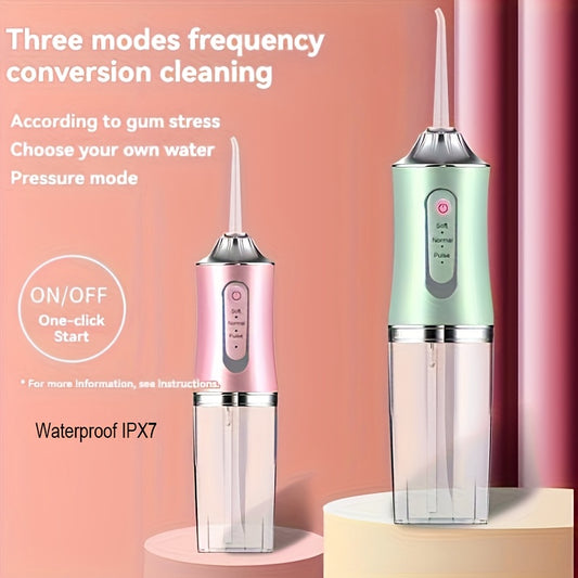 1 portable oral irrigator with USB rechargeable feature, 800mAh lithium battery, 3 cleaning modes, 4 jet tips for teeth cleaning and gap residue removal.