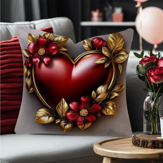 Vintage Floral Heart Design Cushion Cover measuring 45.72X45.72cm, made of polyester with a zipper for easy removal. This decorative pillowcase is machine washable and provides all-season comfort for back sleepers. Perfect for use in the living room