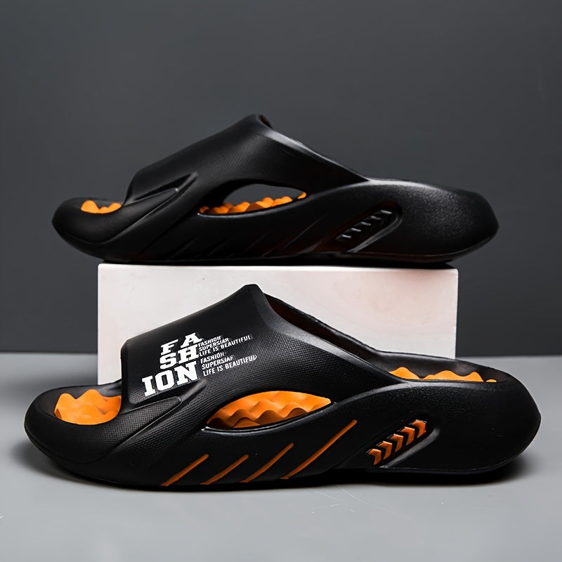 EVA slides with "FAITH" print, thick cushioned sole for height, non-slip and durable, breathable open-toe design, great for beach, parties, and sports. Black & orange, sizes 5-9.