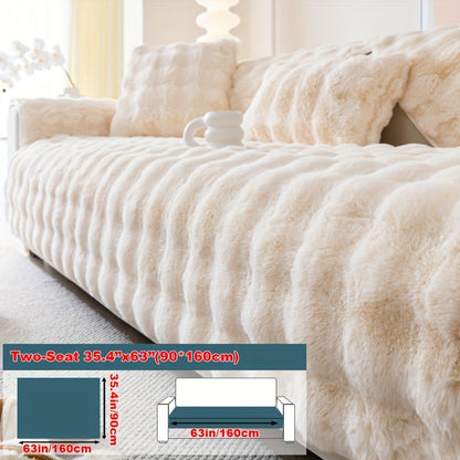 Imitation rabbit plush sofa cover for winter warmth, non-slip protection for furniture in home or office.