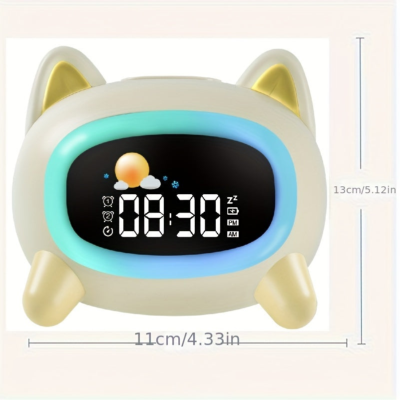 Yellow cartoon animal alarm clock for ages 3-8 with round shape and white finish. USB rechargeable with 1800mAh lithium battery. Includes ok to wake feature, multicolor night light, and white noise sleep melodies.