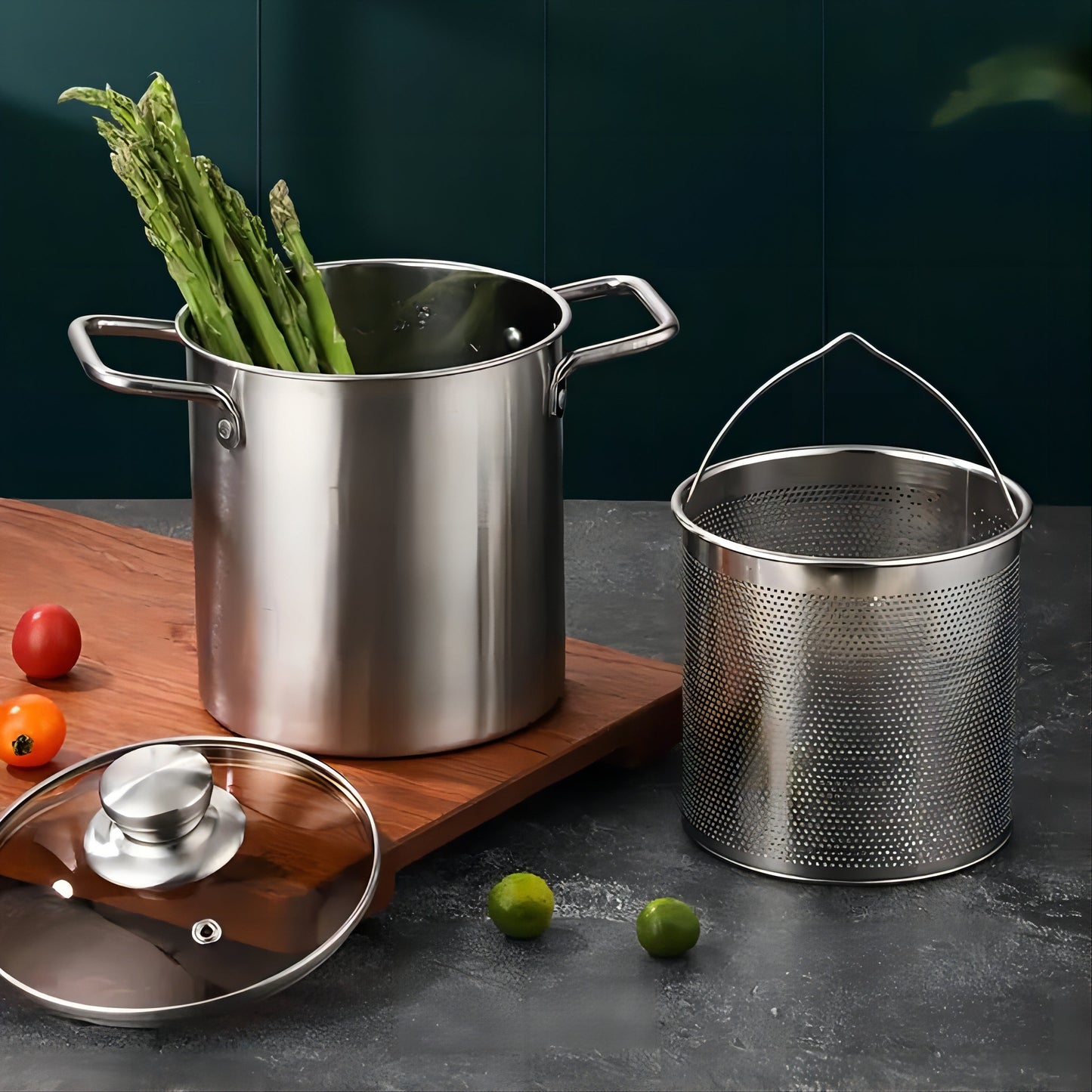 Cooking essentials: Stainless Steel Stockpot Set with Strainer Basket. Crafted from high-quality SUS304 stainless steel, this set is perfect for frying, making soup, and sauces. Induction compatible and no power needed, making it versatile for any