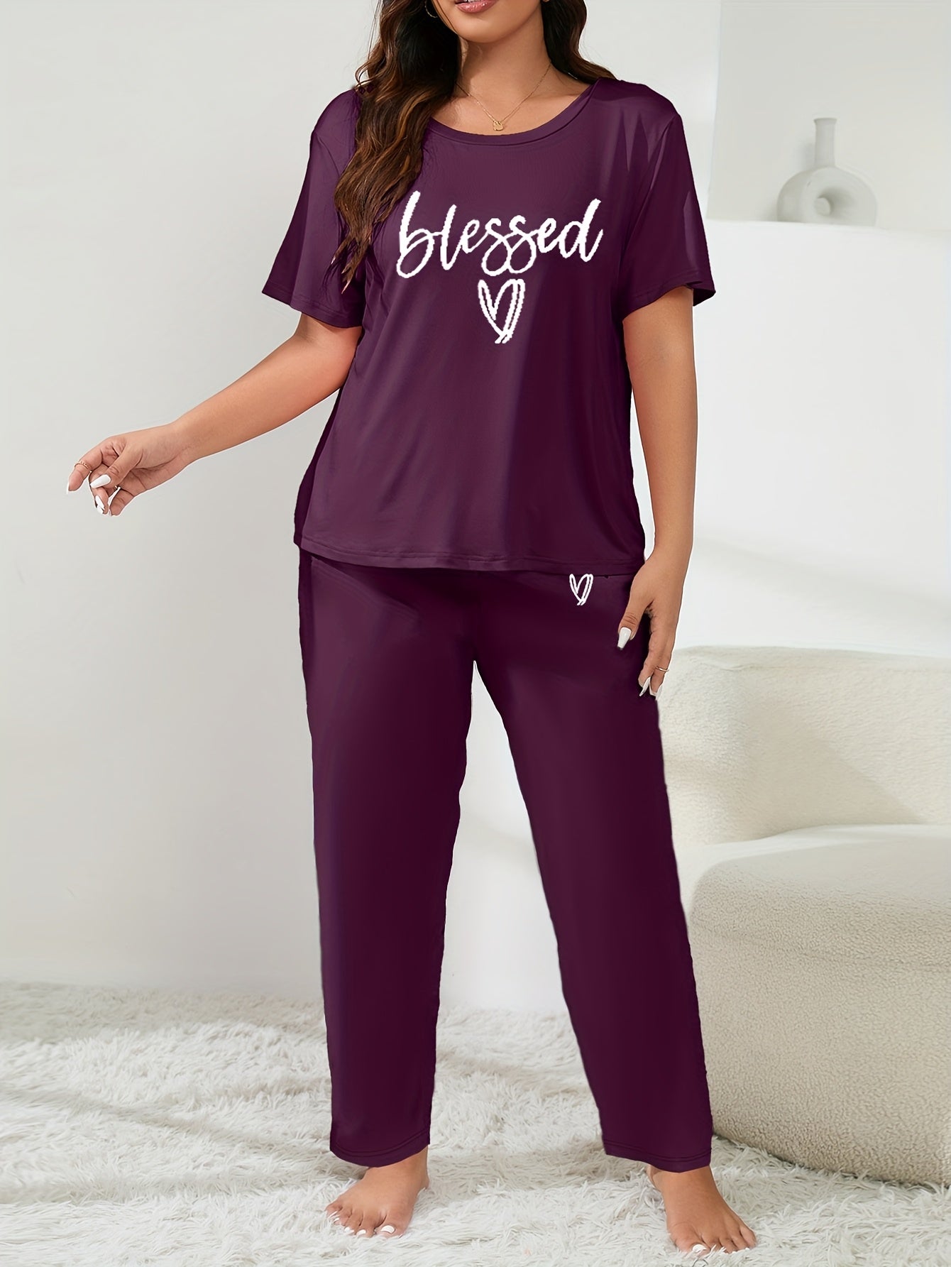 Plus Size Women's Casual Lounge Set with Heart & Letter Print, Short Sleeve Top & Pants Pajamas Set