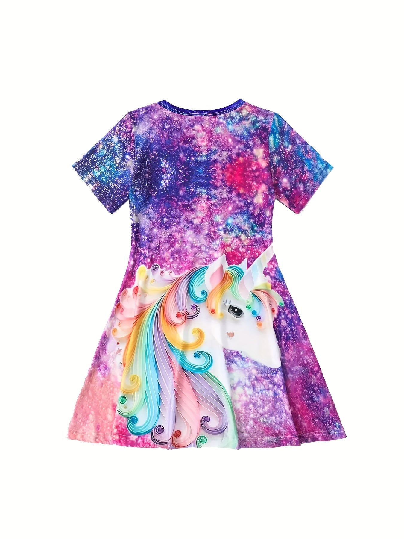 Girls' starry unicorn dress with digital print, round neck, and short sleeves for parties and casual wear.