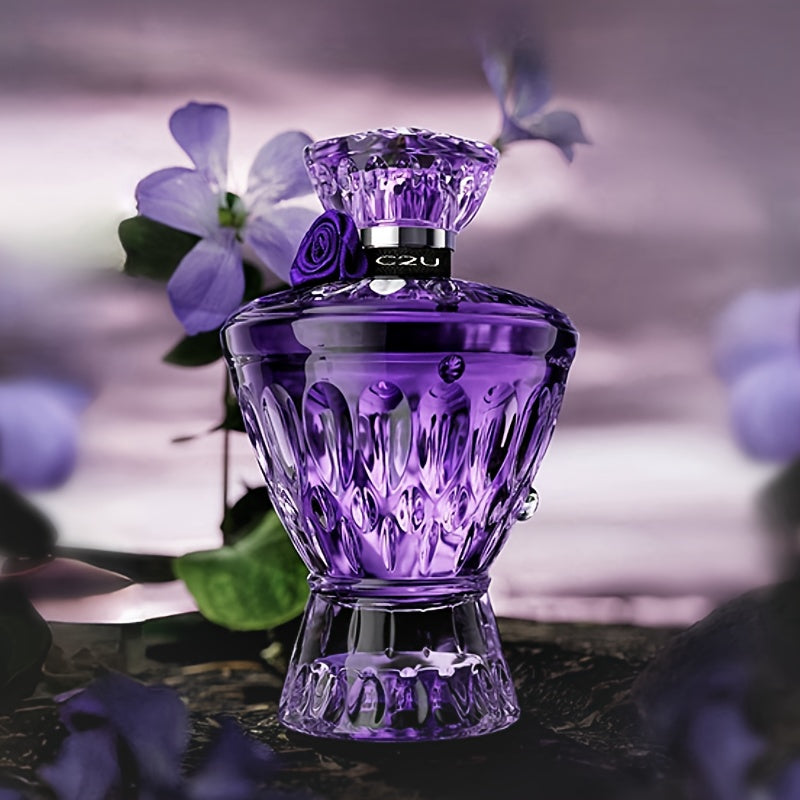 Elegant 75ml Purple Women's Perfume Spray with refreshing woody notes and alcohol-infused scent, perfect girlfriend gift with decorative floral packaging.