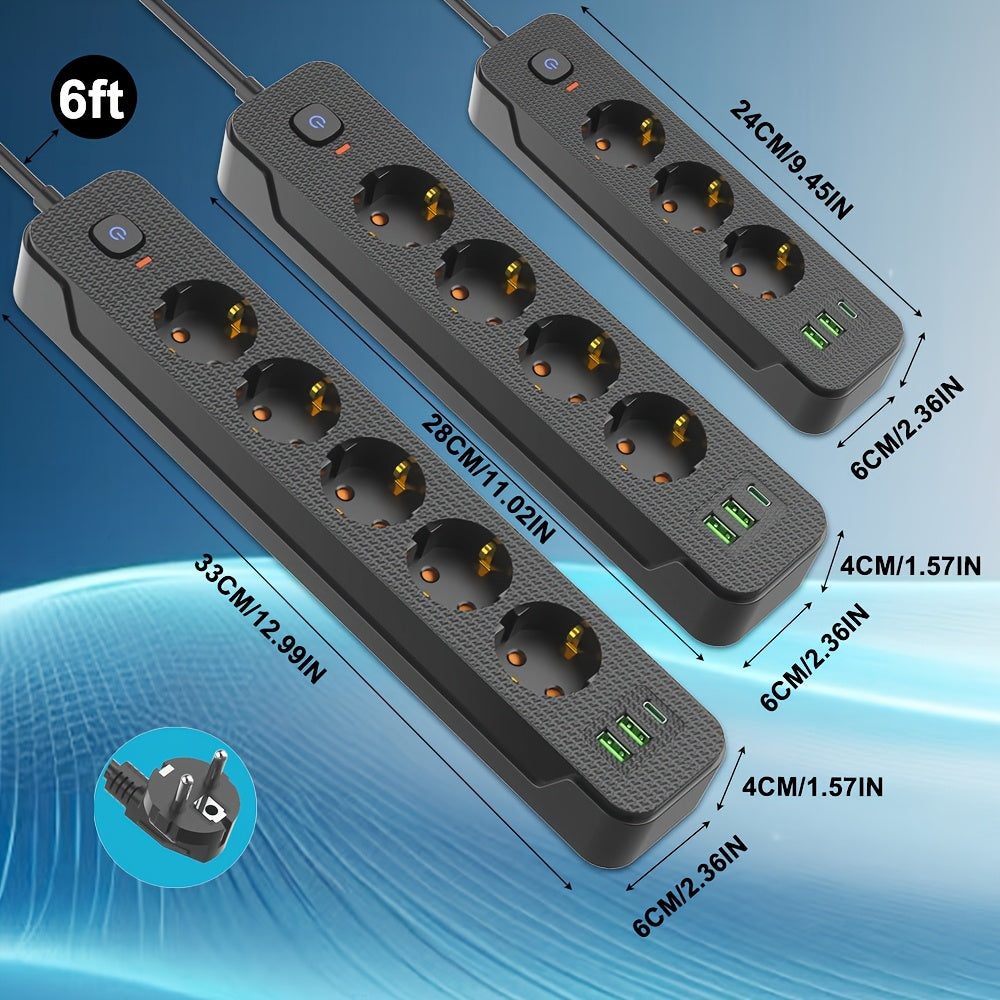 Heavy duty power strip with surge protector, European outlets, USB-A/C ports, flat plug, 220-240V AC, for various settings.