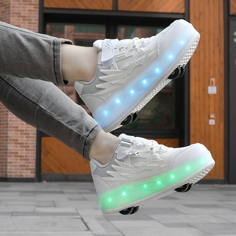 Stylish low top roller shoes with LED lights for girls, lightweight and breathable with anti-slip wheels for all seasons, suitable for indoor and outdoor use.