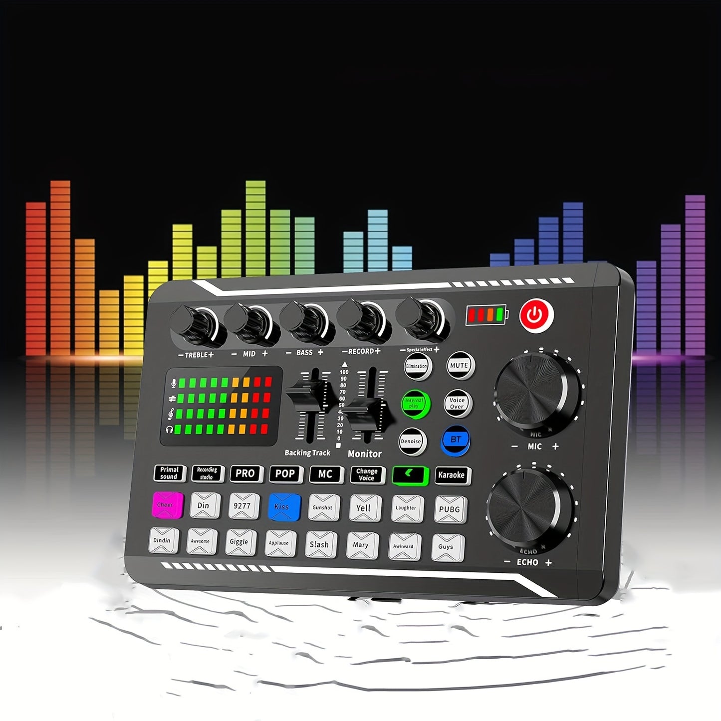 Live sound card mixer with USB charging, volume control, and battery indicator for various uses, including karaoke and video conferencing, Eid Al-Adha Mubarak!