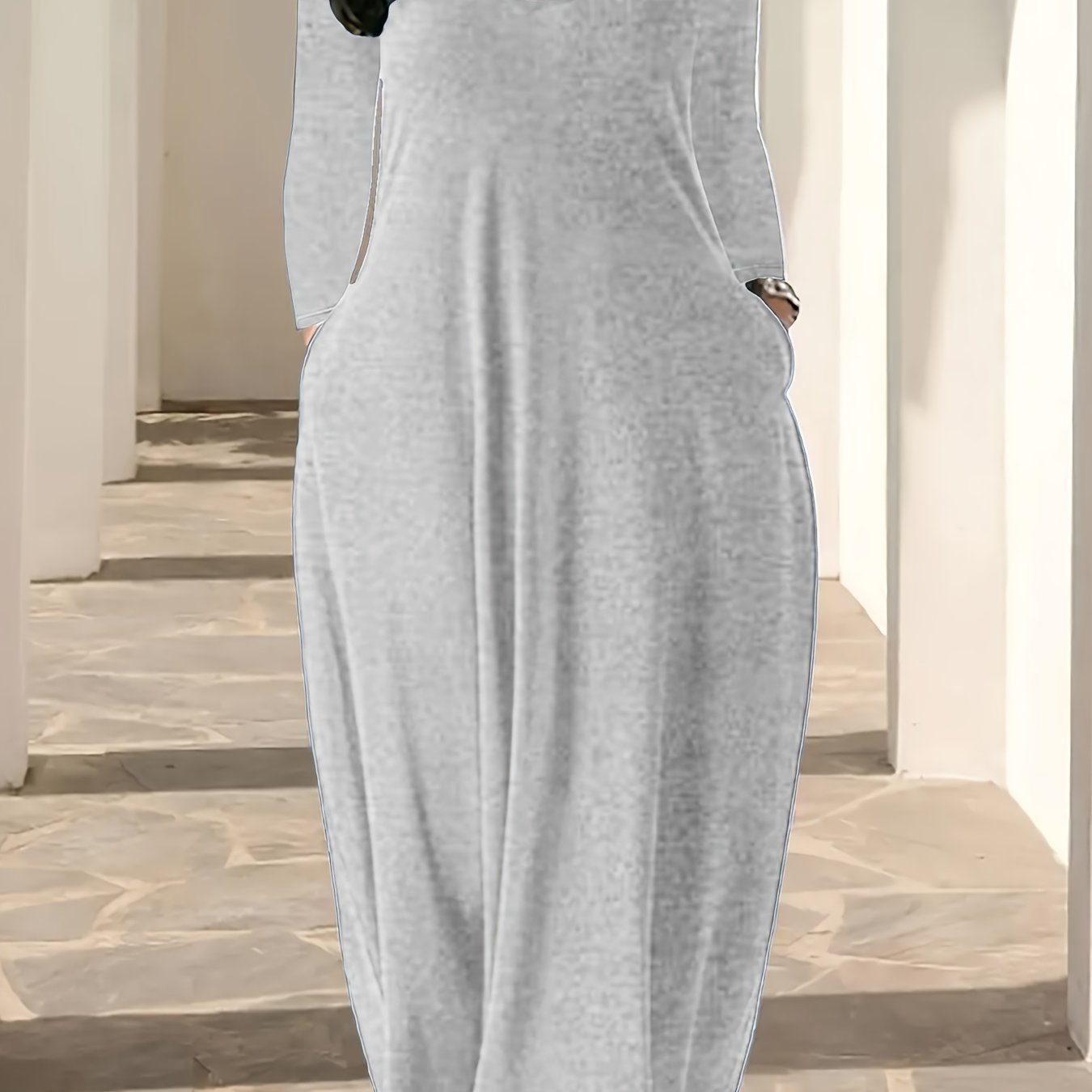 Plus Size Solid Color Maxi Dress with V Neck, Long Sleeves, Pocket.