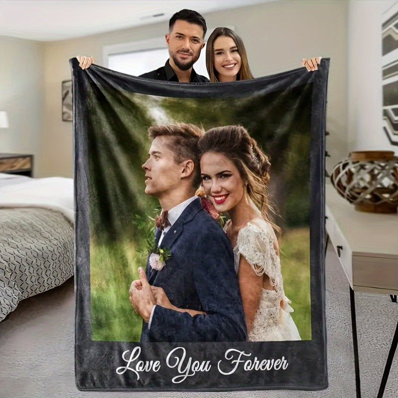 This unique Custom Photo Flannel Throw Blanket features a contemporary design and is made of 100% polyester, making it suitable for all seasons. This multipurpose blanket weighs 200-250gsm and is crafted with a cozy knit fabric. The "Love You Forever"