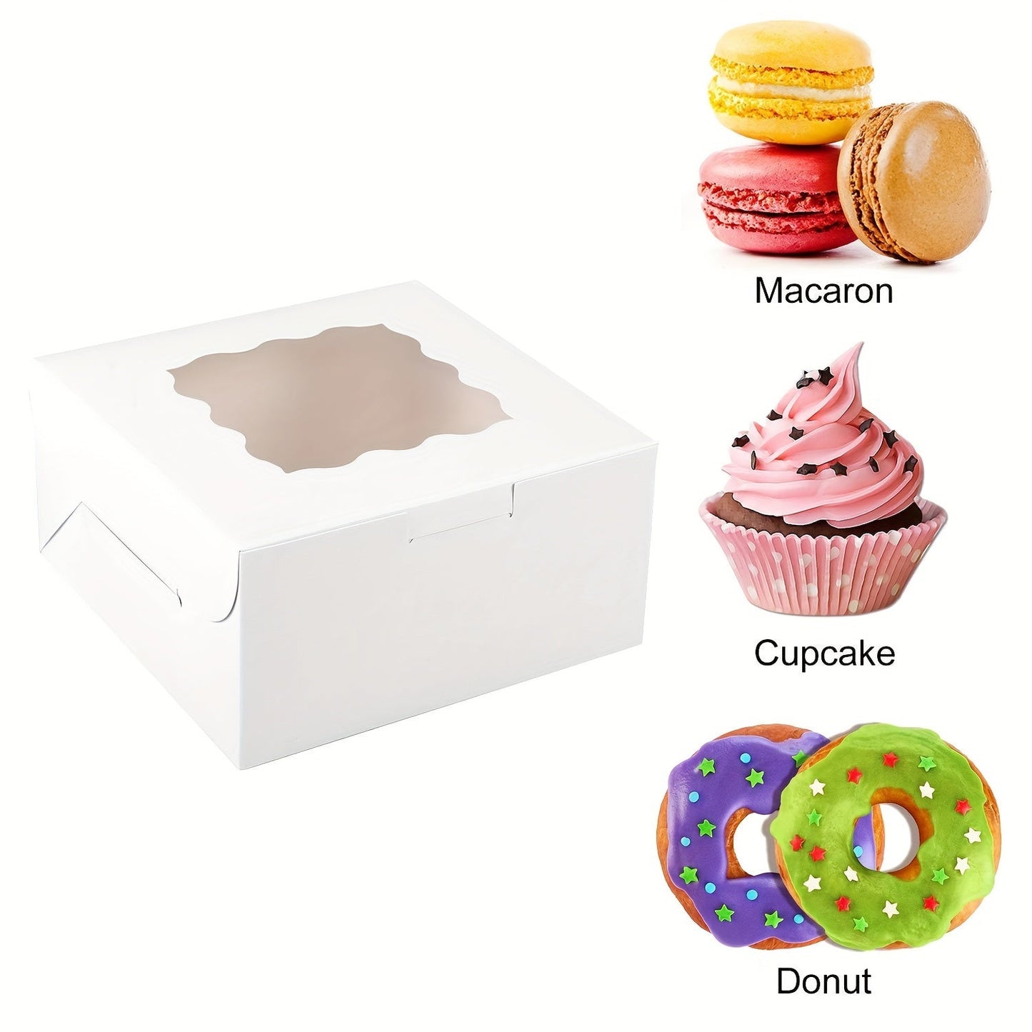 10/25 pieces of cake boxes with a clear window, measuring 15.24x15.24x6.35 cm. These white bakery boxes are perfect for cakes, pastries, chocolates, biscuits, pie, birthday parties, weddings, Valentine's Day, homemade desserts, and baking packaging