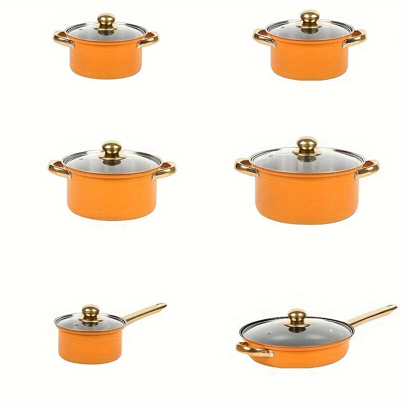 12-piece cookware set made of stainless steel with handles plated in gold. Features a non-stick coating, ideal for frying, steaming, and boiling.