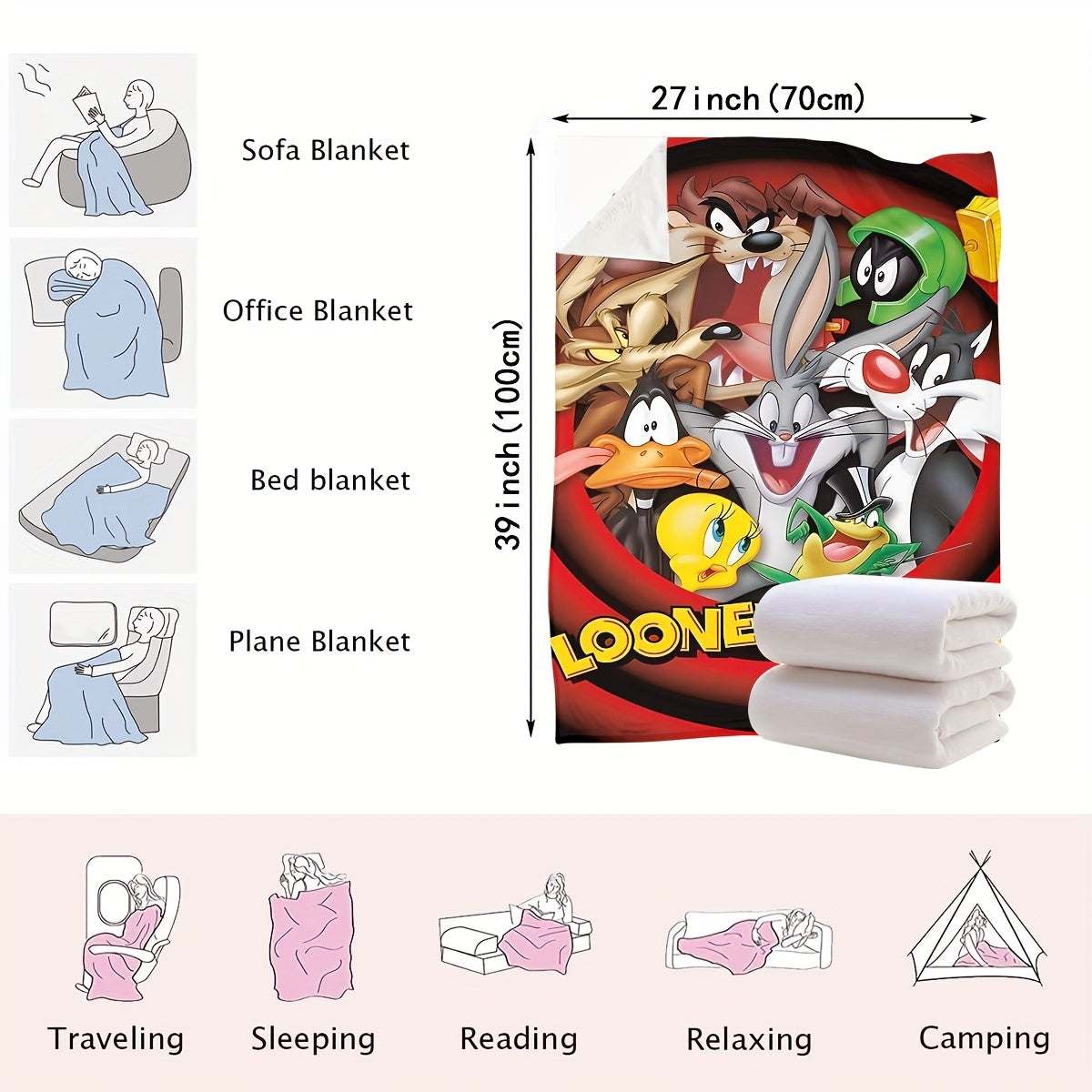 Looney Tunes Cartoon Characters Printed Polyester Knitted Blanket - Modern Design, Versatile Throw for Bedroom, Couch, Bed, Travel - High-Quality Digital Print, Lightweight 200-250gsm Blanket