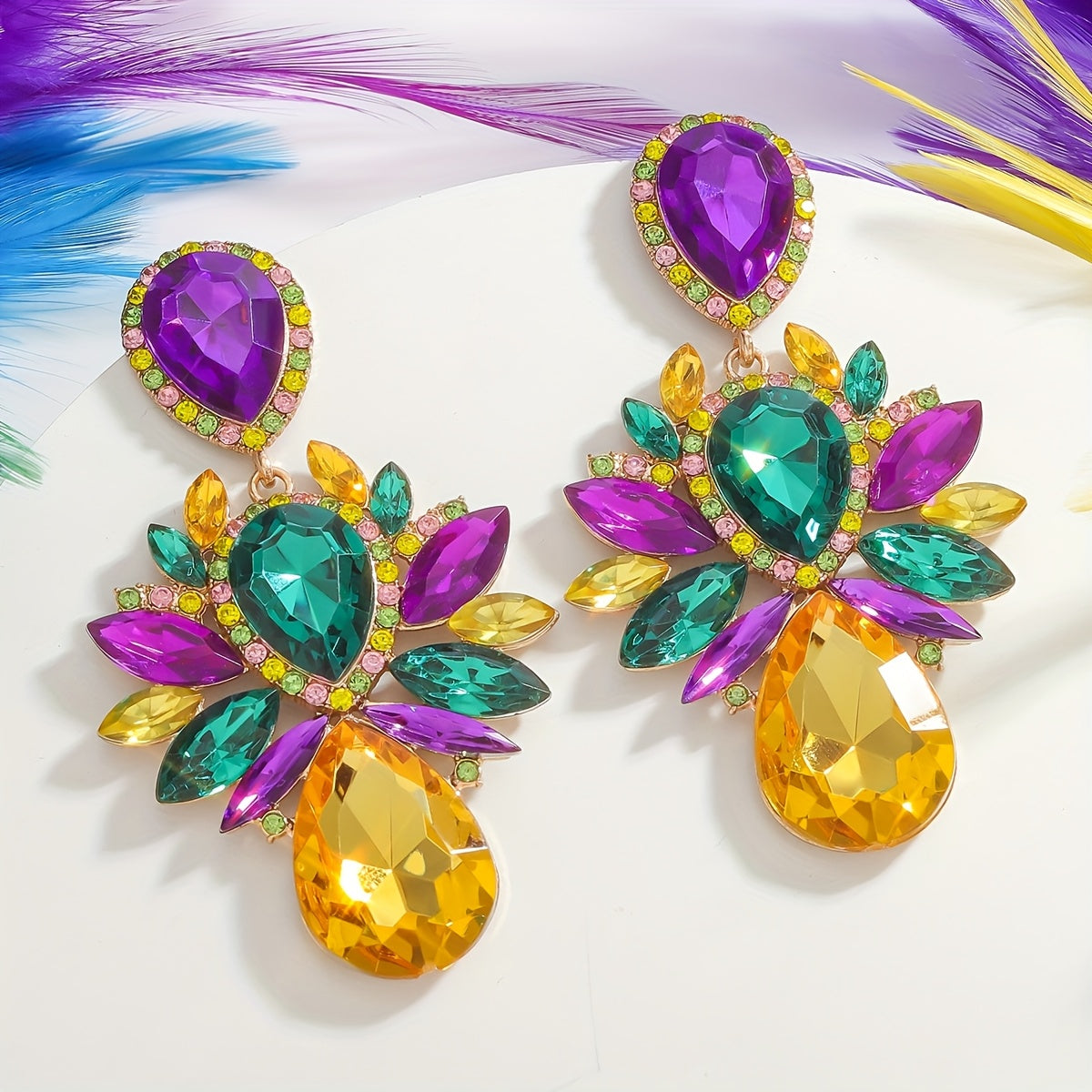 Luxurious Mardi Gras Sparkling Irregular Geometric Rhinestone Earrings in Pair, Bohemian Dangle Earrings in Purple, Green, and Yellow, Made with Zinc Alloy and Stainless Steel Posts, Ideal Holiday Gift for Women.