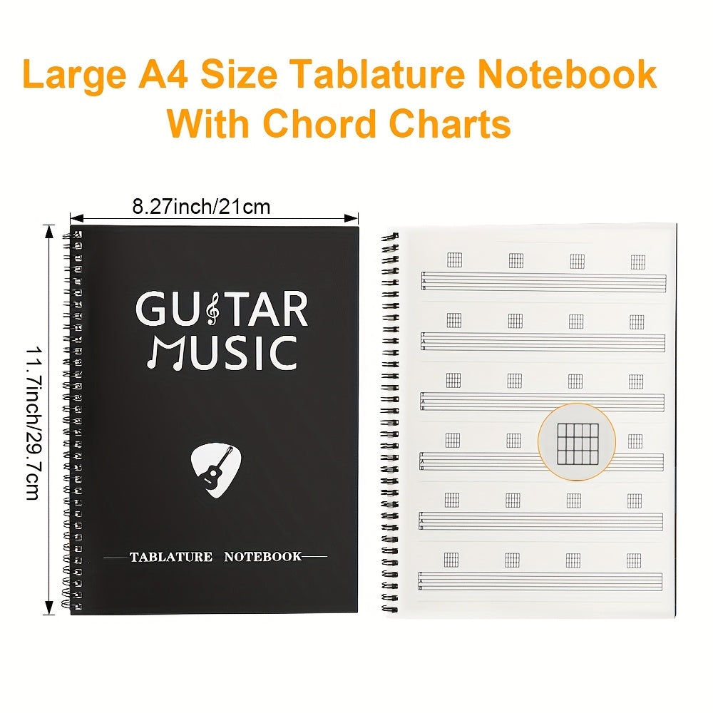 50-sheet guitar music creation and practice staff notebook with blank chord diagrams and 56 commonly used guitar chord diagrams on inside cover.