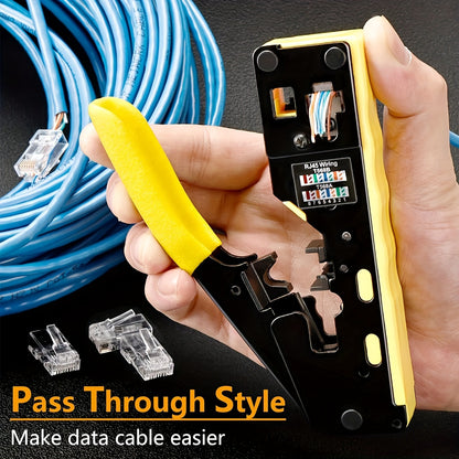 Yellow Ratcheting Modular Data Cable Crimper with Wire Stripper, Cutter, and Non-slip Grip for RJ11/RJ12 & RJ45 Connectors.