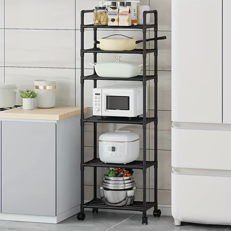 Sturdy 5-Tier Metal Kitchen Cart with Wheels, Moveable Storage Rack for Home Organization in Kitchen, Living Room, or Bathroom, Strong Reinforced Frame, No Electricity Needed.