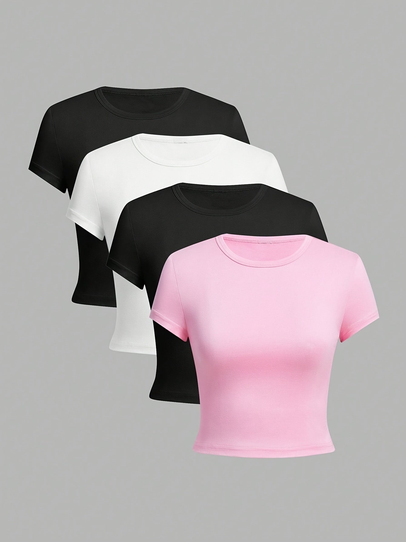 Women's 4pcs Slim Fit Short Sleeve T-Shirts in Black, Brown, Pink, and White. Stretchy, breathable fabric perfect for casual summer wear with round neckline and comfortable fit.