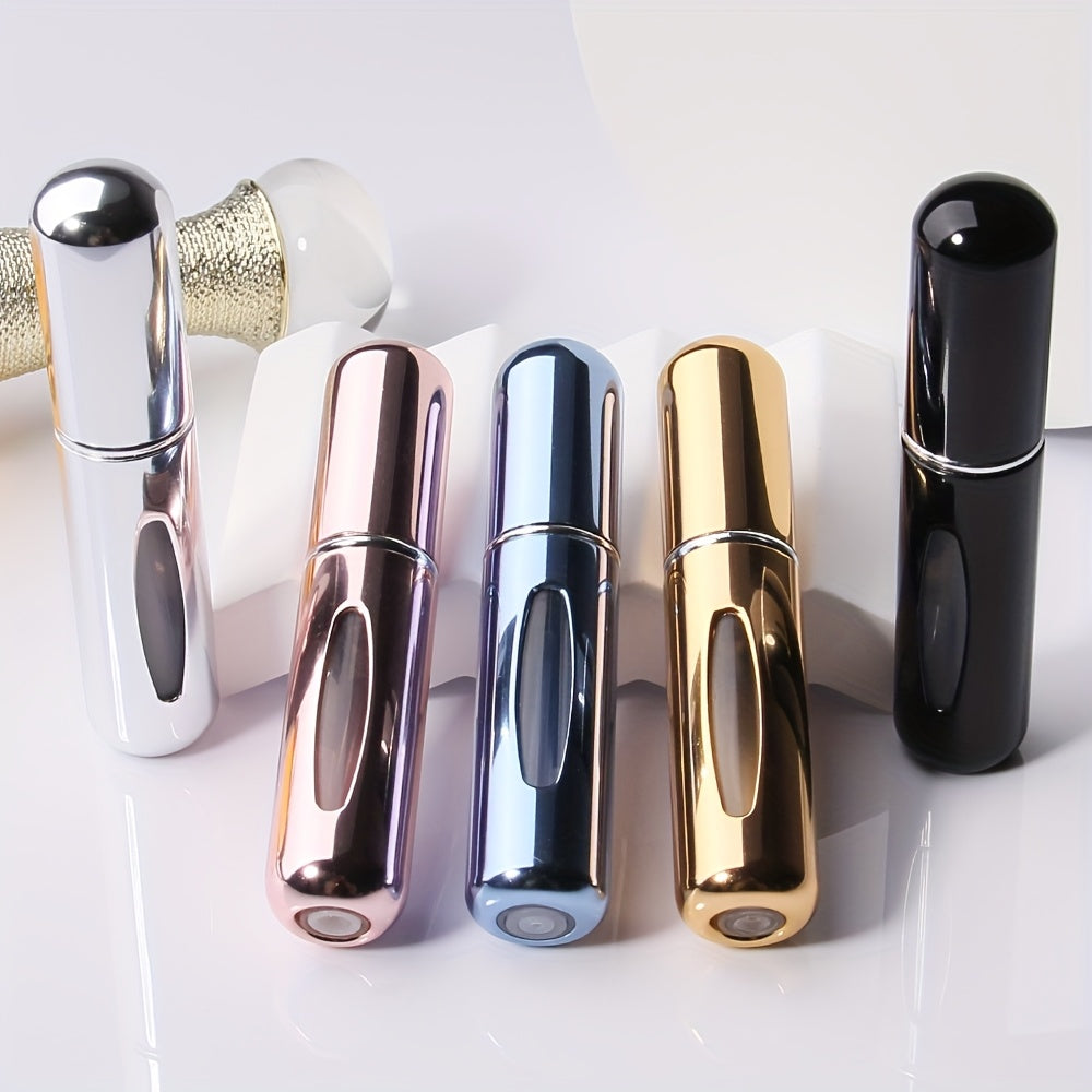 A set of 5 travel-sized refillable perfume atomizers, each holding 5ml. Conveniently carried in purse, backpack, or luggage. Features bottom filling and dispensing box. Ideal for cosmetics.