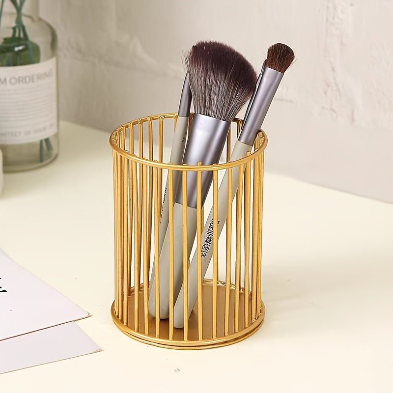 Stylish metal makeup brush holder doubles as a pen and pencil cup.