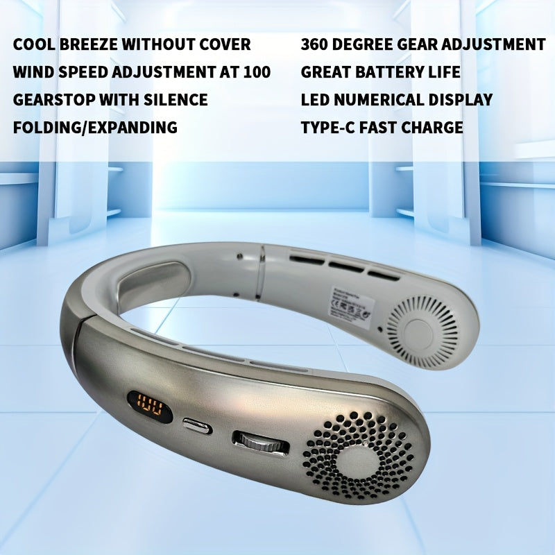 Stay cool on the go with our Portable Neck Fan! This fan comes with a 100-speed adjustable knob, USB rechargeable 1200mAh lithium battery, and a wearable design for use both indoors and outdoors. Made from durable plastic material, this fan also includes