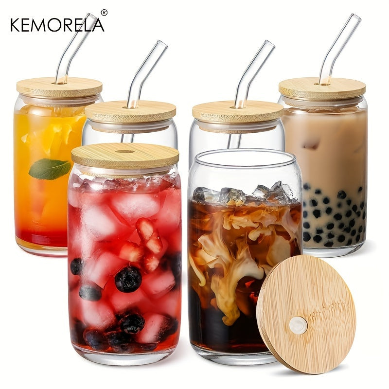 Kemorela 6-piece set includes glass cups with bamboo lids and straws in beer can shape, perfect for various beverages. Also includes 2 cleaning brushes.