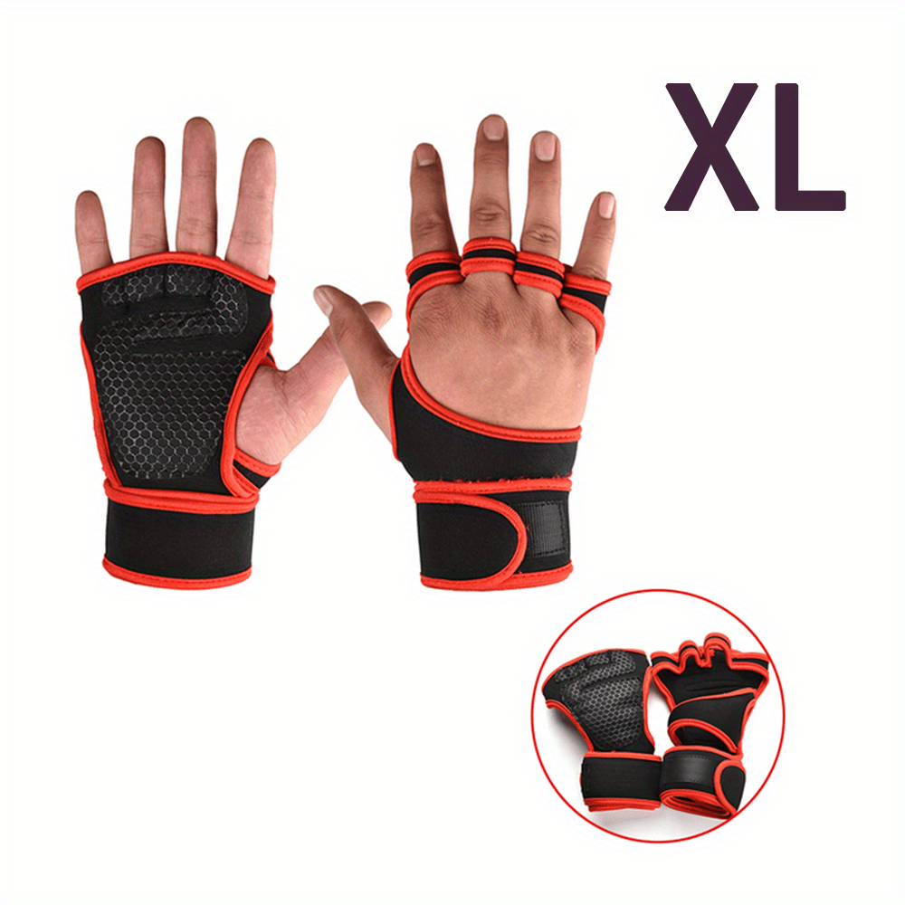 Half finger gym gloves with adjustable wrist support, ideal for pull-ups, barbell lifting and weightlifting. Made of breathable polyester fabric with hook-and-loop fastener closure in