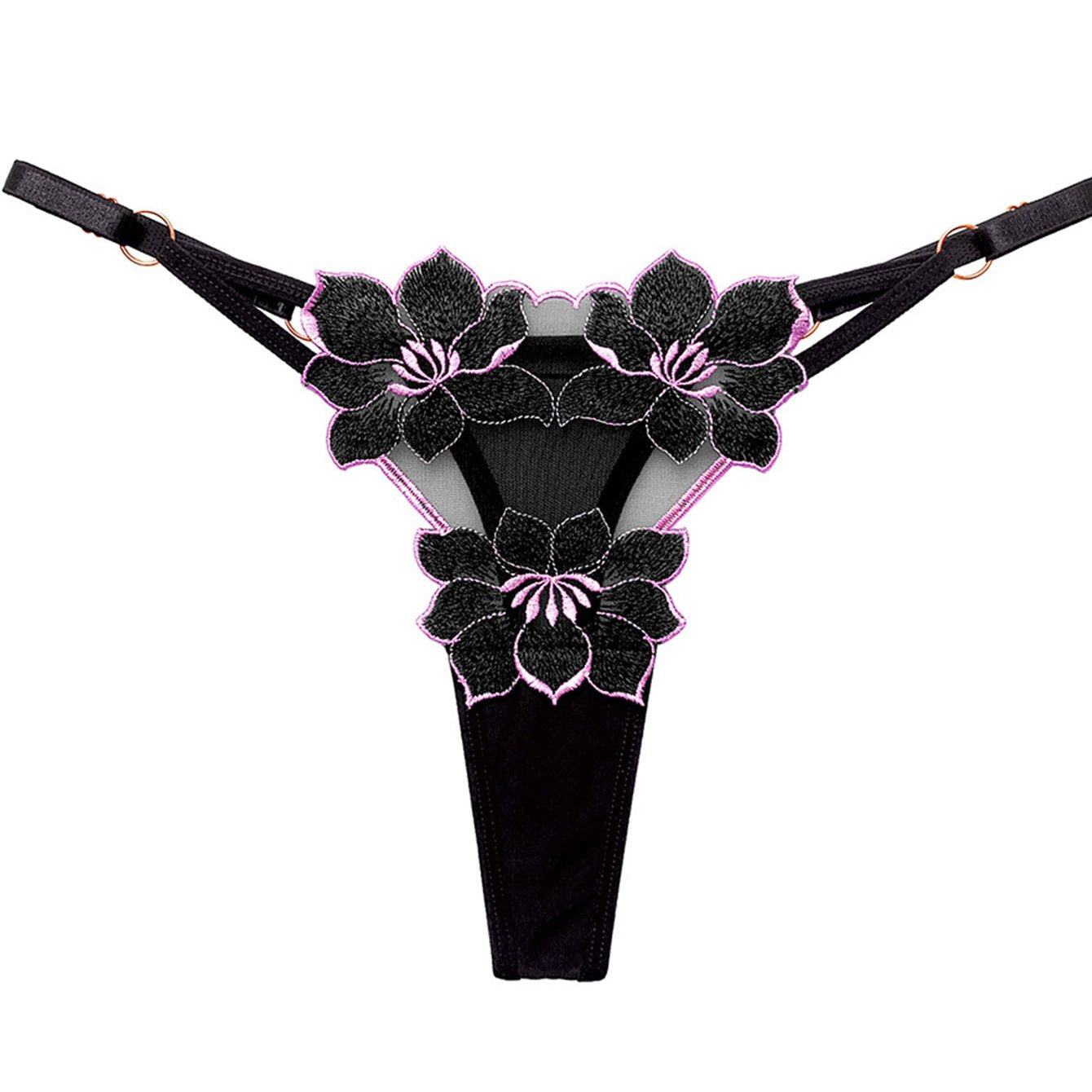 Women's sexy lingerie and underwear with floral embroidery thongs and hollow ring linked panties.