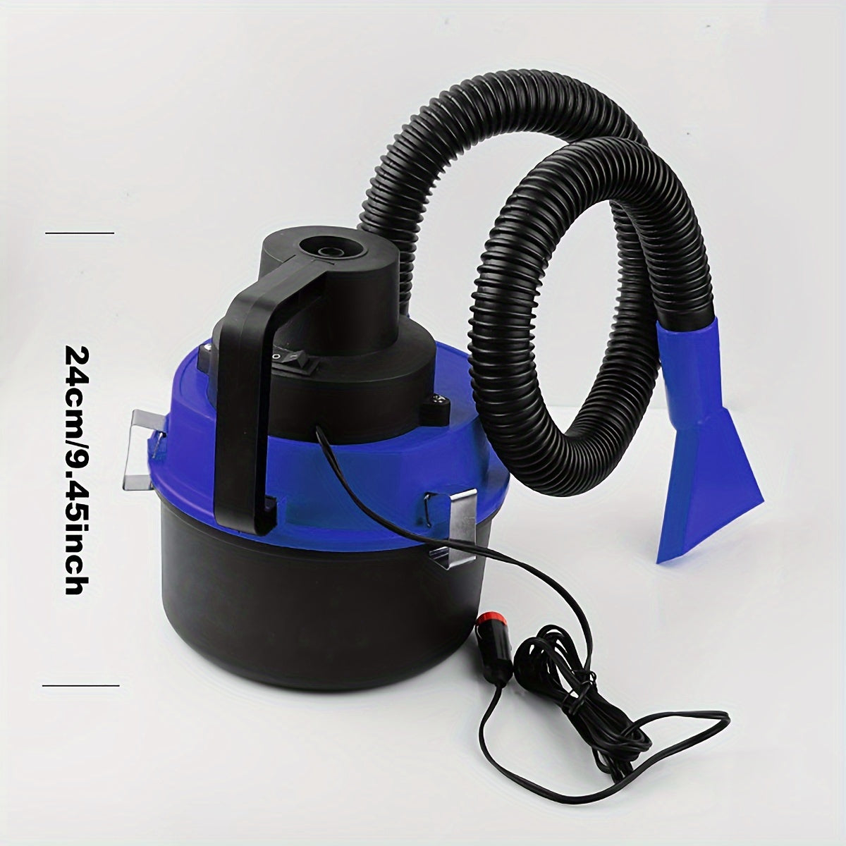 Car vacuum cleaner with suction and blowing capabilities for interior cleaning, mounted on vehicle.