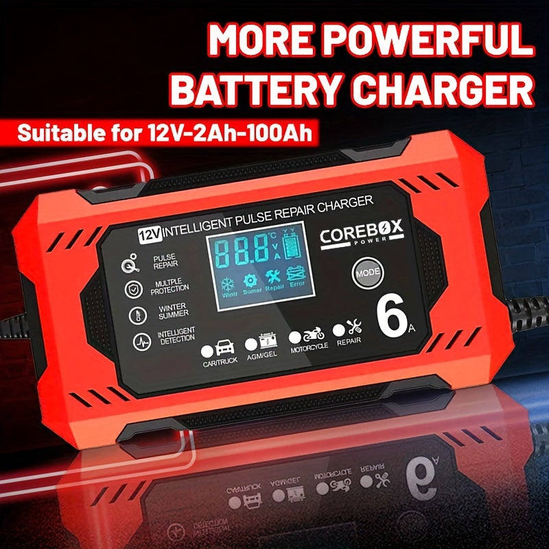 COREBOX 12V 6A Smart Battery Charger with LCD Display - Versatile lead-acid trickle charger for a variety of vehicles with overcharge, short circuit, and polarity protection. Portable and