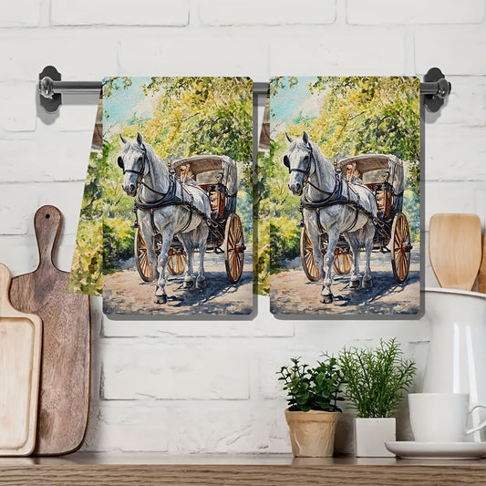 Vintage Horse-Drawn Carriage Kitchen Towels Set of 2 - Made of Ultra Soft and Highly Absorbent Polyester, Machine Washable, 40.64x60.96 cm - Perfect for Holiday Decor and Daily Use, Dish Hand Towels