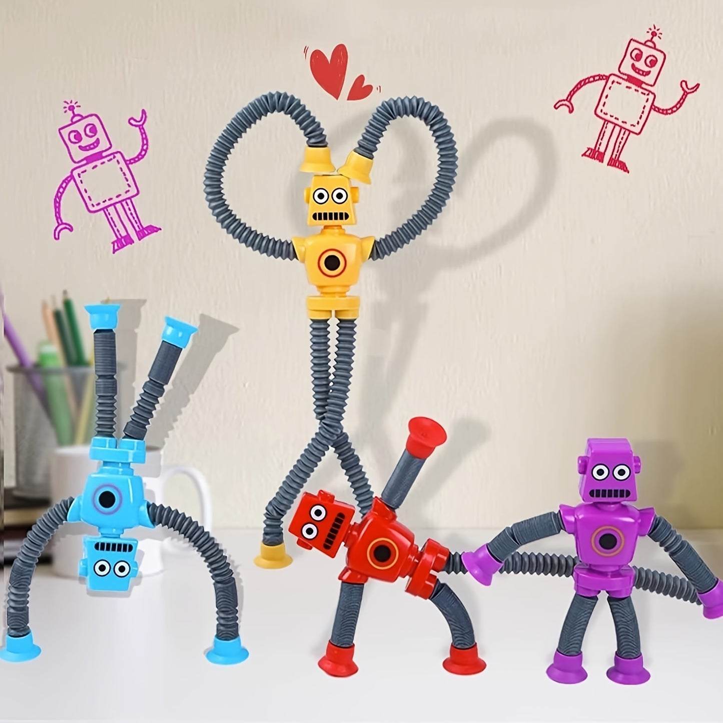 DIY Transforming Robot Toy for Kids 6-8: Creative & Educational sensory play with telescopic pop tube design in 4 colors.