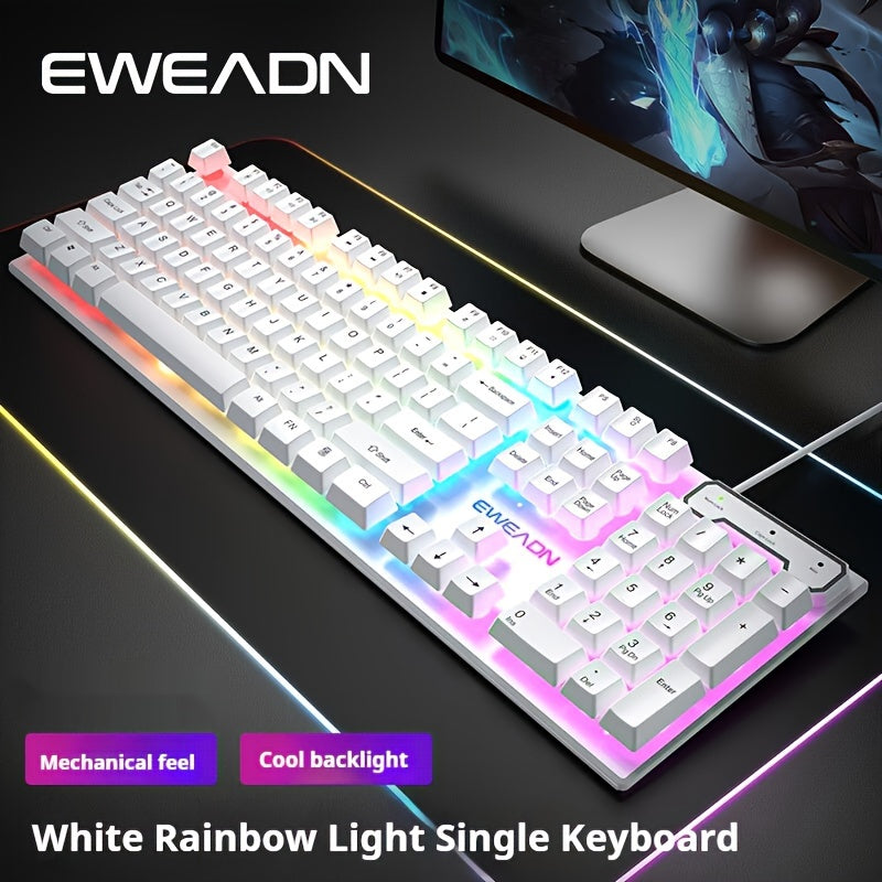 White EWEADN GX30Z Wired Gaming Keyboard with LED Rainbow Backlit, 104 Keys, Mechanical Feel, Numeric Keys, for Game and Office on Windows Laptop PC.