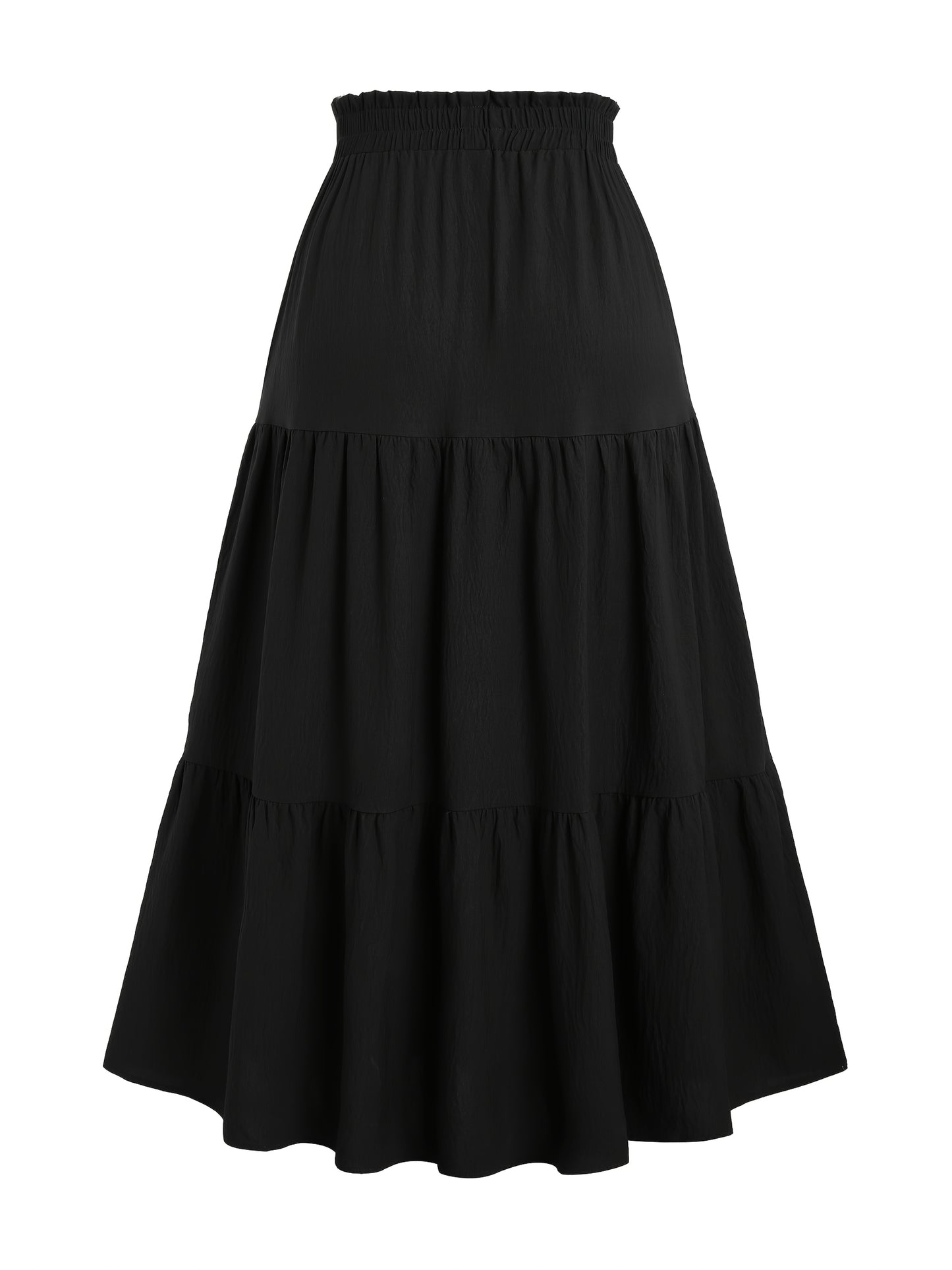 Stylish black midi skirt with ruffle detail, elastic waist, and versatile design. Made from a polyester blend, machine washable and perfect for spring/summer fashion.