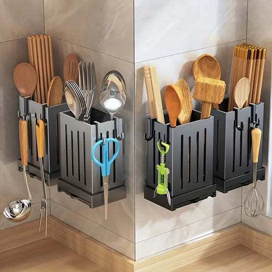 A versatile utensil holder for your kitchen needs! This multifunctional utensil holder can also hold chopsticks and can be mounted on the wall or placed on the countertop. Made of lightweight plastic, this organizer is perfect for both home kitchens and