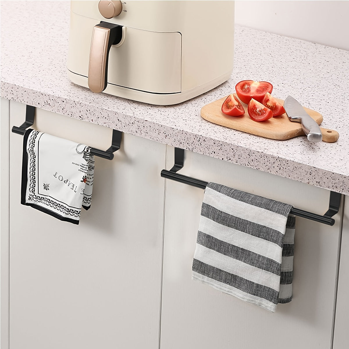 Single pole stainless steel towel rack for kitchen, punch-free mounting on cabinet door for hanging rags.