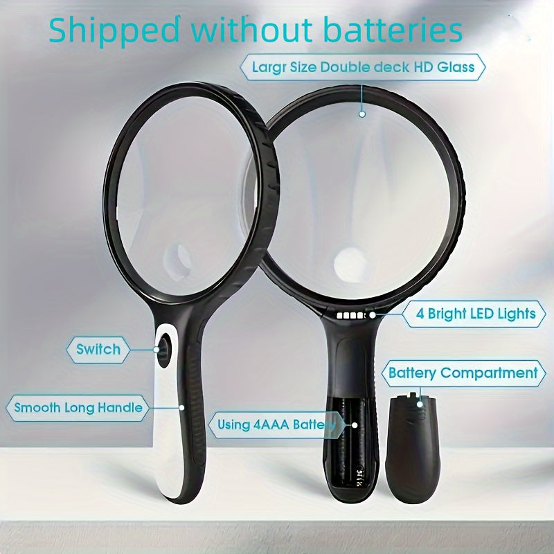 LED-Lit handheld magnifying glass with high power (30X/60X) ideal for seniors, youngsters, and low vision readers.