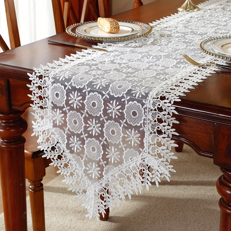 Polyester table runner with white embroidery flowers and lace edge, perfect for room or dining table decor.