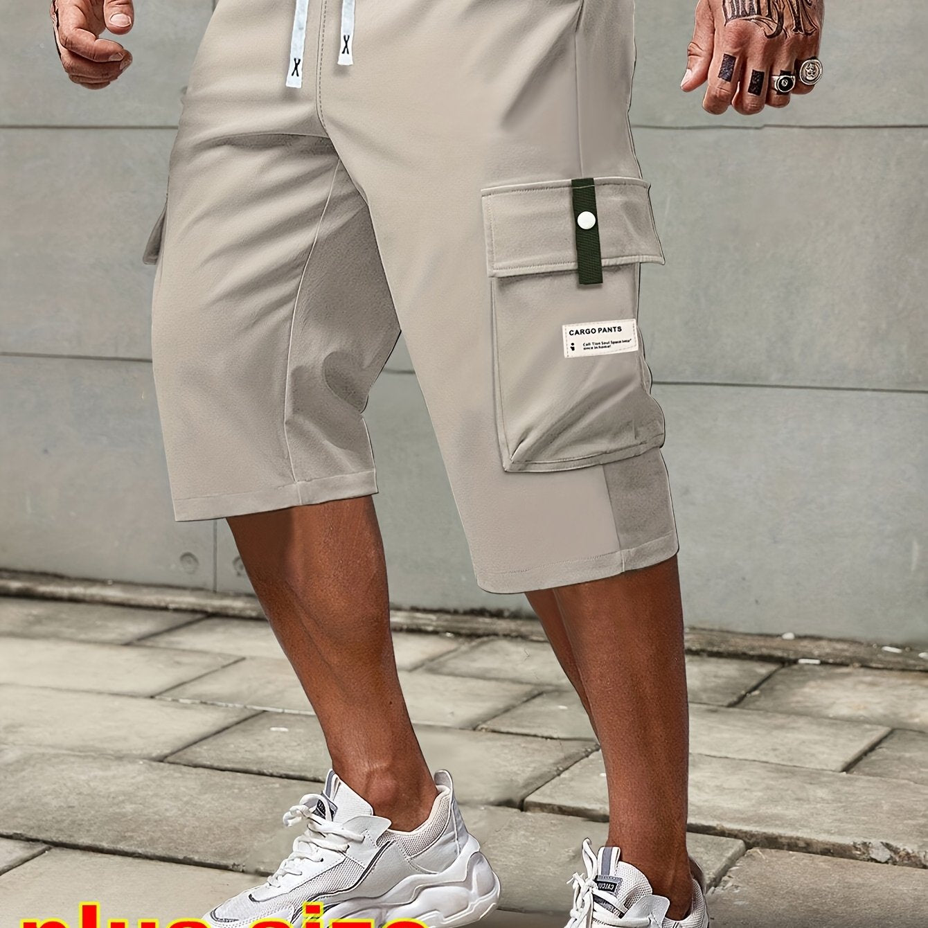 Stylish drawstring waistband cargo shorts for plus-size men, great for summer activities and sports.