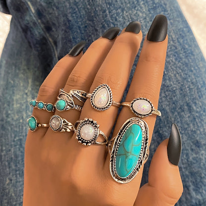 Collection of 39 pieces of stylish bohemian stacked rings for women in retro fashion.