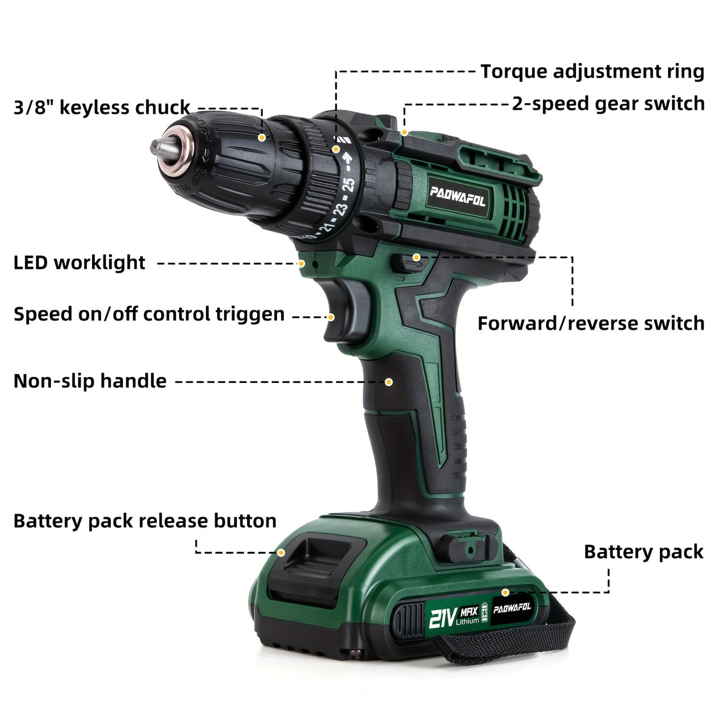 21V Cordless Drill with rechargeable battery, 2 speed settings, 25+1 torque, 24 accessories, LED light, for DIY, home, and garden use.