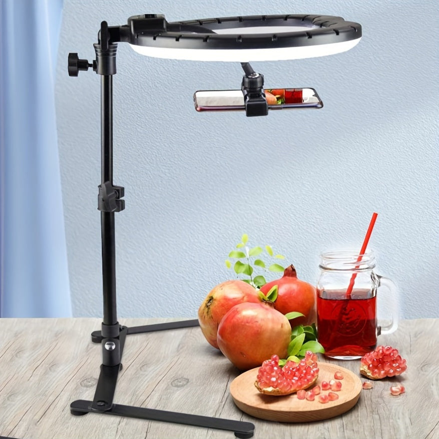 10-inch USB-powered ring light with tripod stand. Features 3 light modes and 10 brightness levels. Ideal for photography, video streaming, makeup, and cooking. Made of PP material, operates